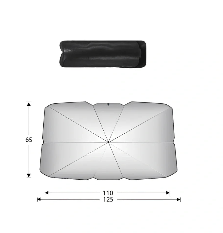 Foldable car windshield sunshade with titanium silver coating and black steel frame in three sizes