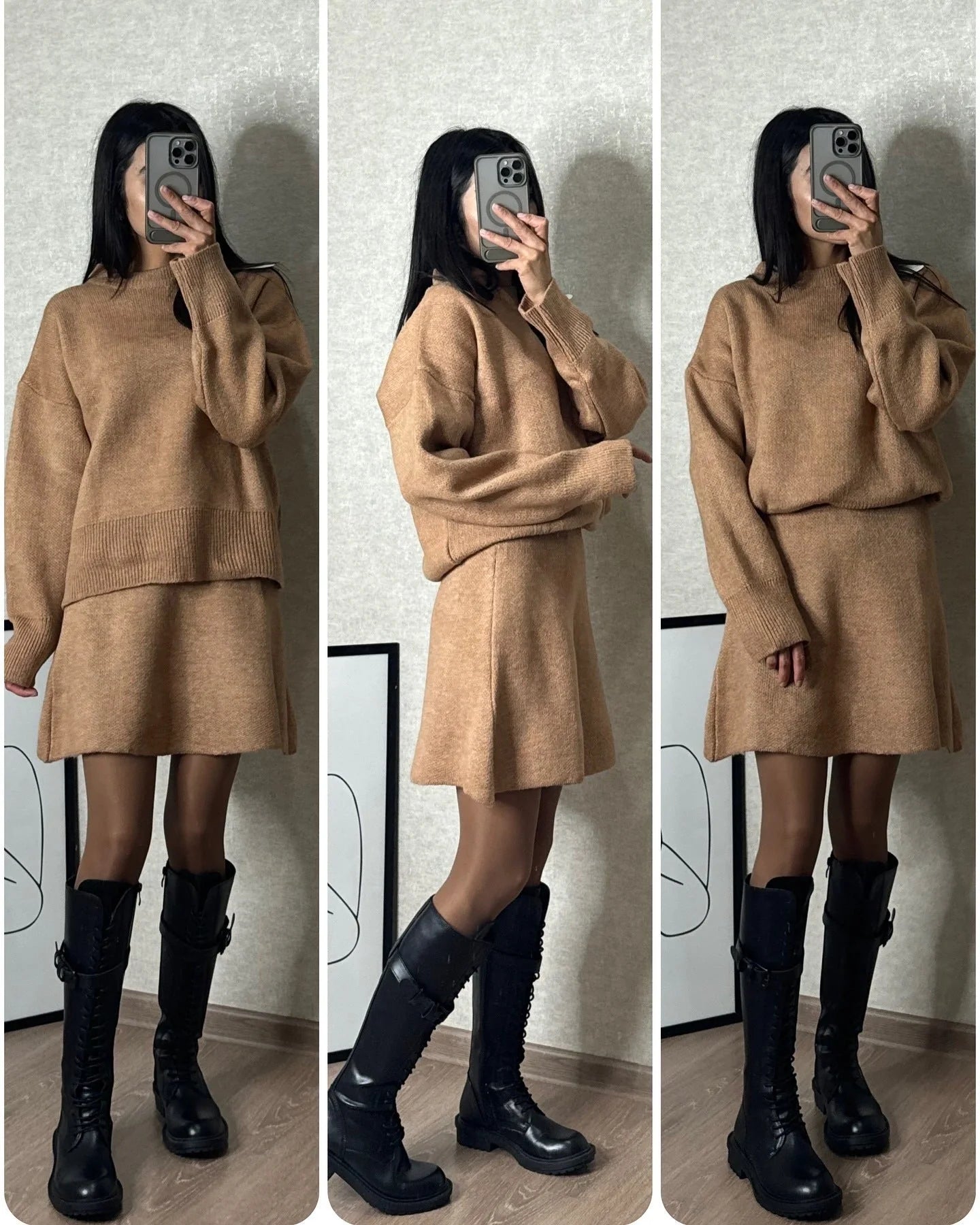 Stylish two-piece knit sweater and mini skirt set for women in a variety of classic colors