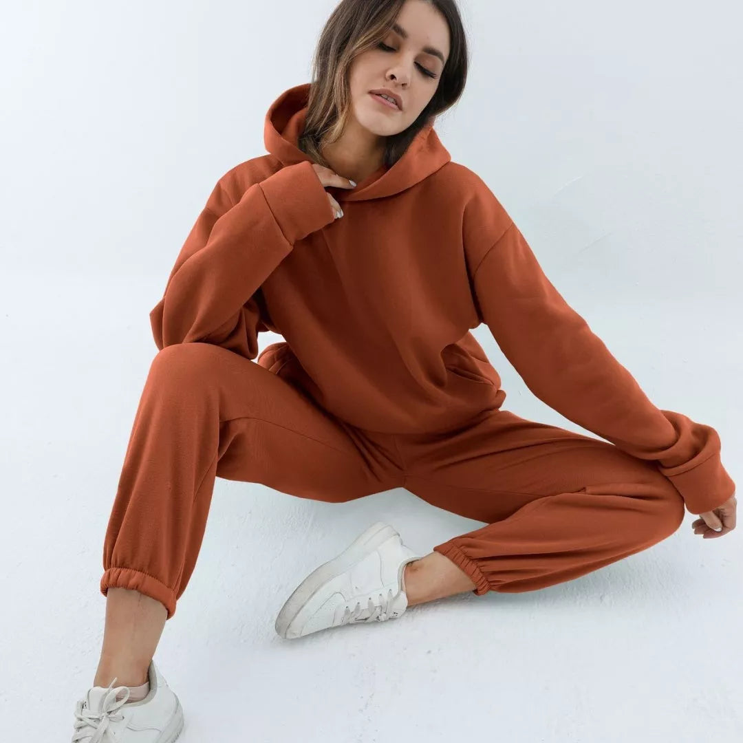 Women's Casual Hooded Sweater Two-piece Suit in corduroy fabric, available in multiple colors