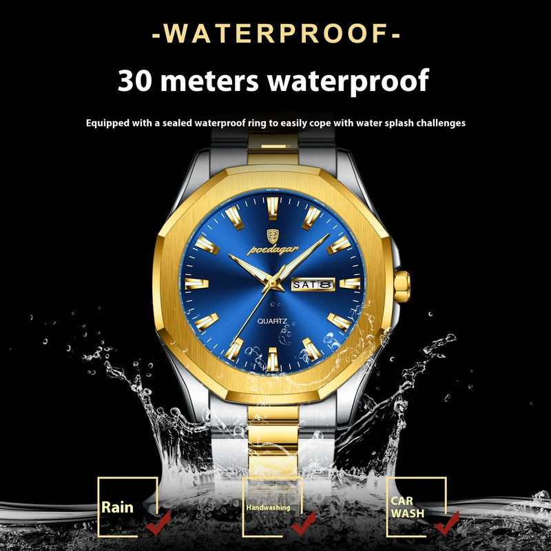 Men's business watch steel strap quartz movement 9mm thickness gold silver black blue white green colour options for professional office wear