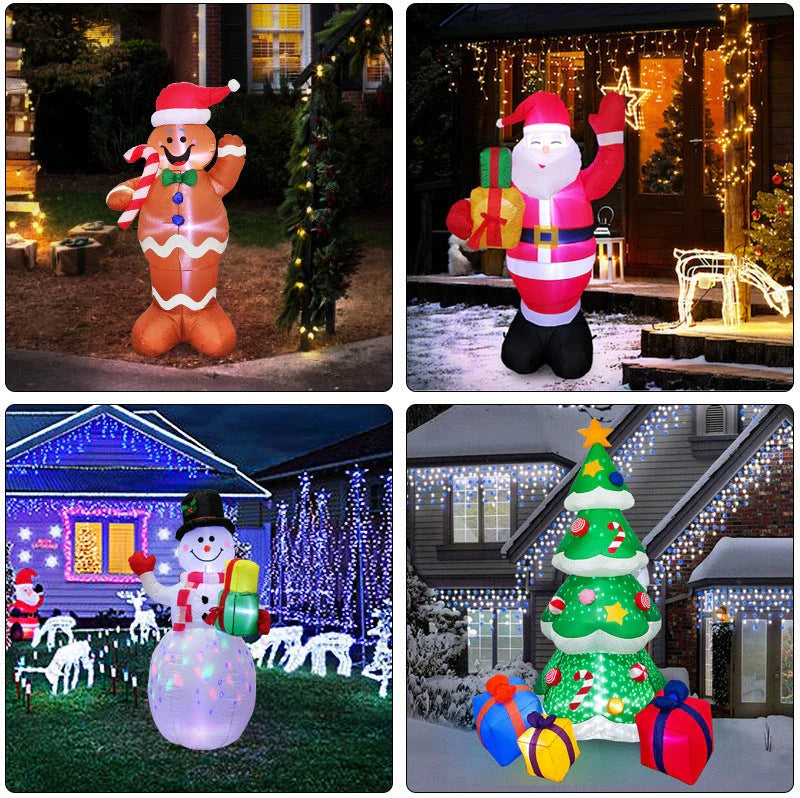 Glow-in-the-dark Christmas inflatable decorations featuring a Santa, snowman, and Christmas tree