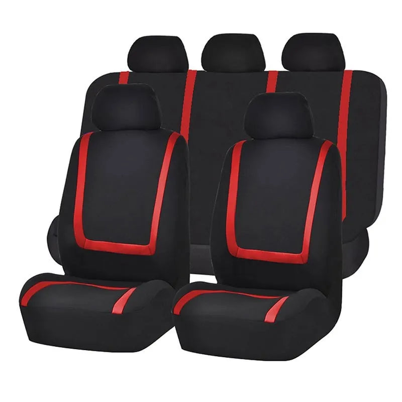 Fully enclosed fabric car seat cover set showing front and rear seat protection in a beige and black colour combination.