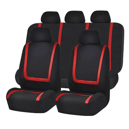 Fully enclosed fabric car seat cover set showing front and rear seat protection in a beige and black colour combination.