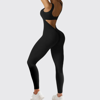 Women's sleeveless flare jumpsuit for yoga in high elasticity polyester fabric.