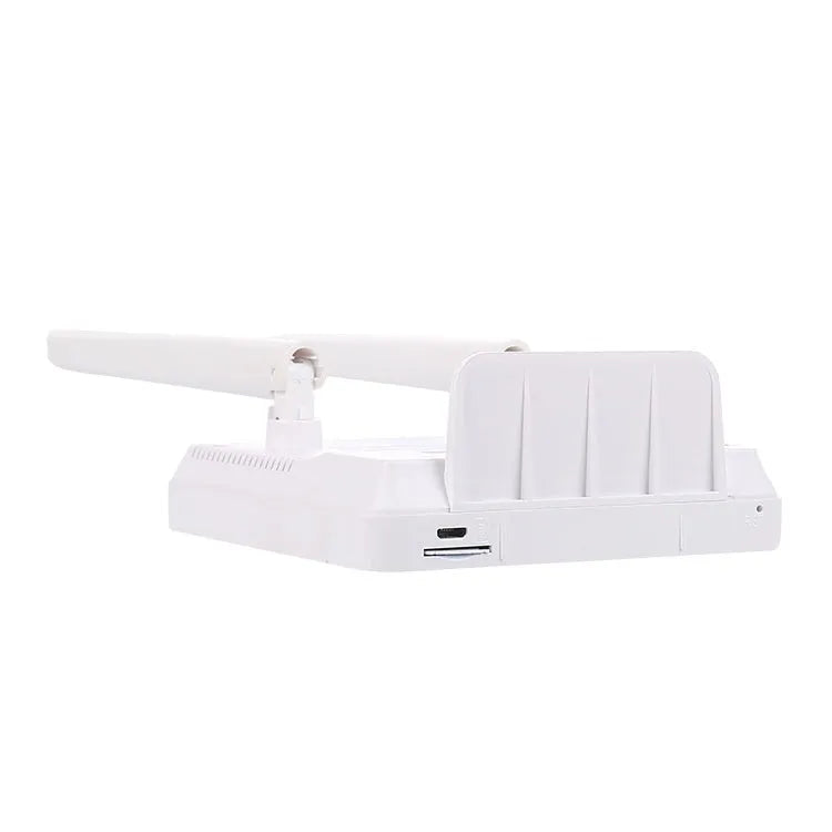 CPF903 white 4G LTE router with two black external antennas attached, alongside USB cable and power adapter.