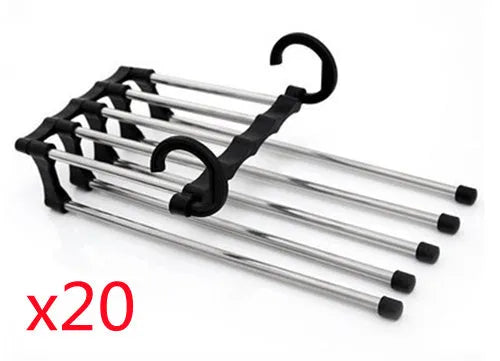 Five-boom stainless steel wardrobe hanger for trousers showing both level and vertical hanging methods