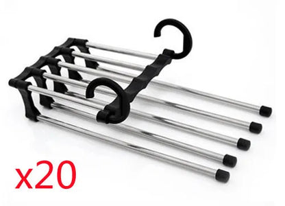 Five-boom stainless steel wardrobe hanger for trousers showing both level and vertical hanging methods