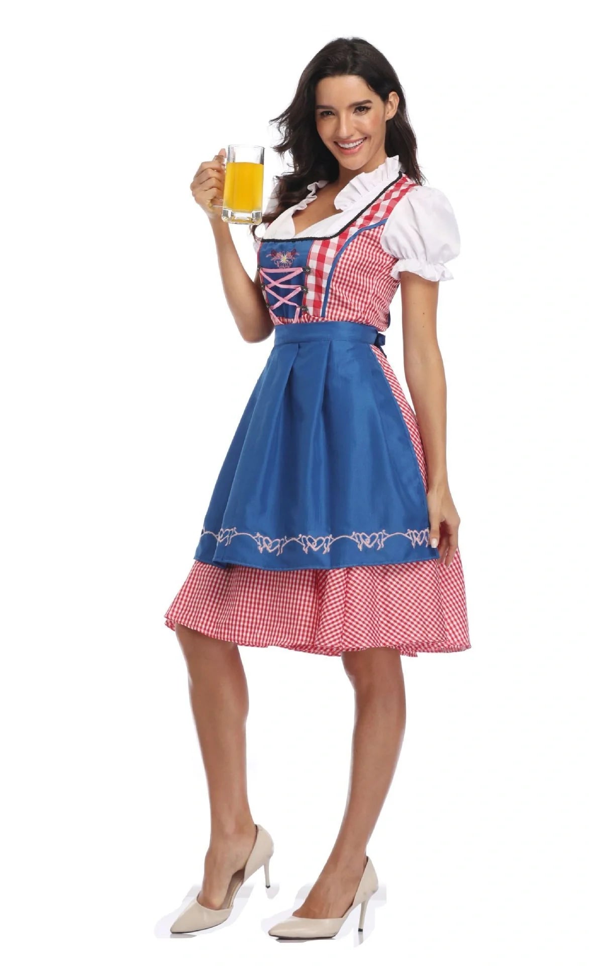 Authentic Oktoberfest dirndl dress with apron and ribbon in red denim, featuring traditional Bavarian-inspired design and comfortable polyester fabric