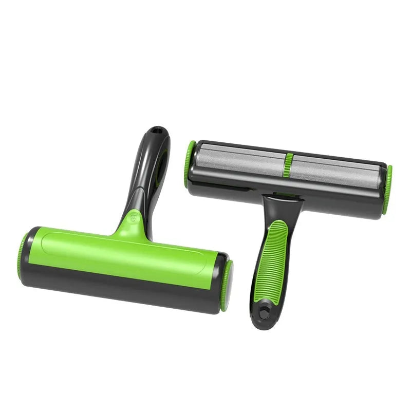 Handheld automatic pet hair lint roller with sticky rotating brush in green, blue, or grey colour