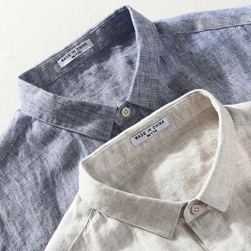 Men's linen square collar shirt with short sleeves in raw jute colour, cardigan style