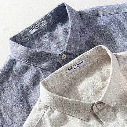 Men's linen square collar shirt with short sleeves in raw jute colour, cardigan style