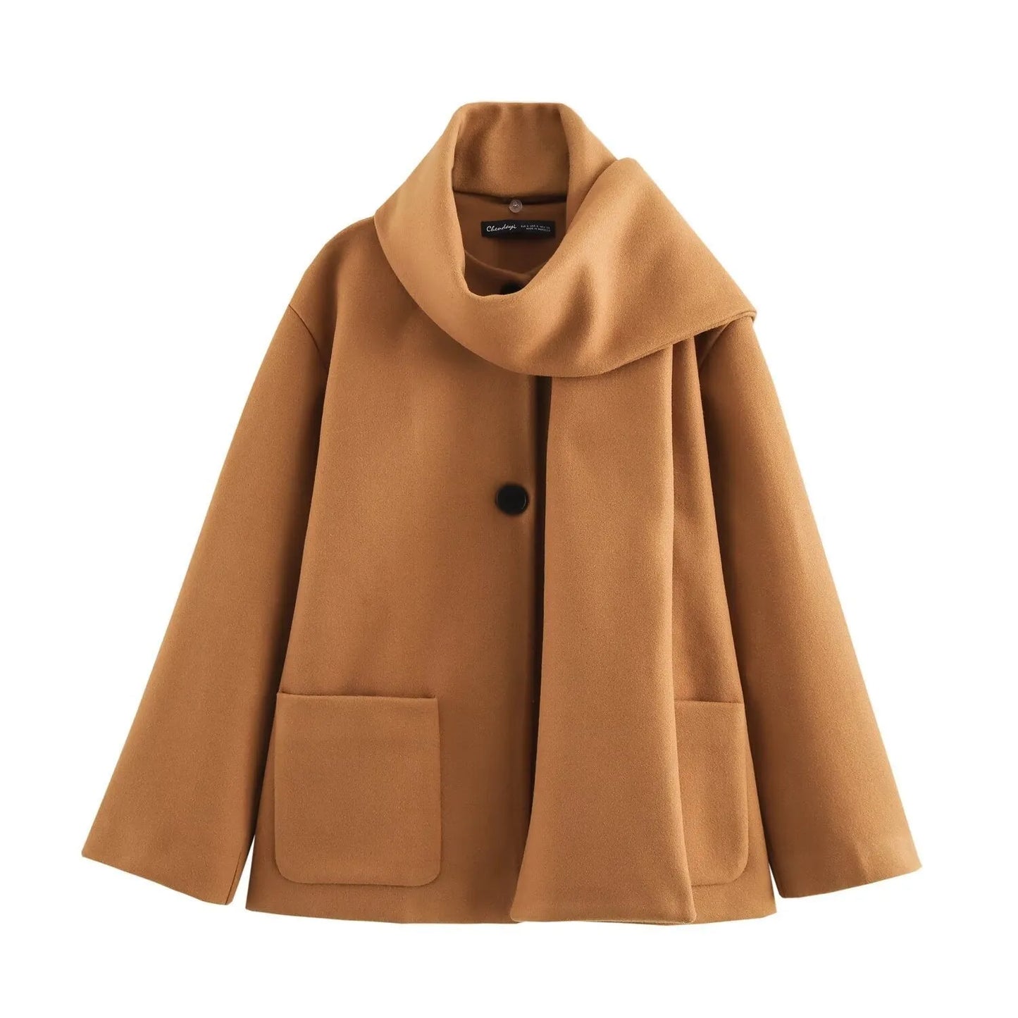Women's black polyester scarf overcoat with artificial fur collar, lengthened 100cm design, and pockets for street fashion