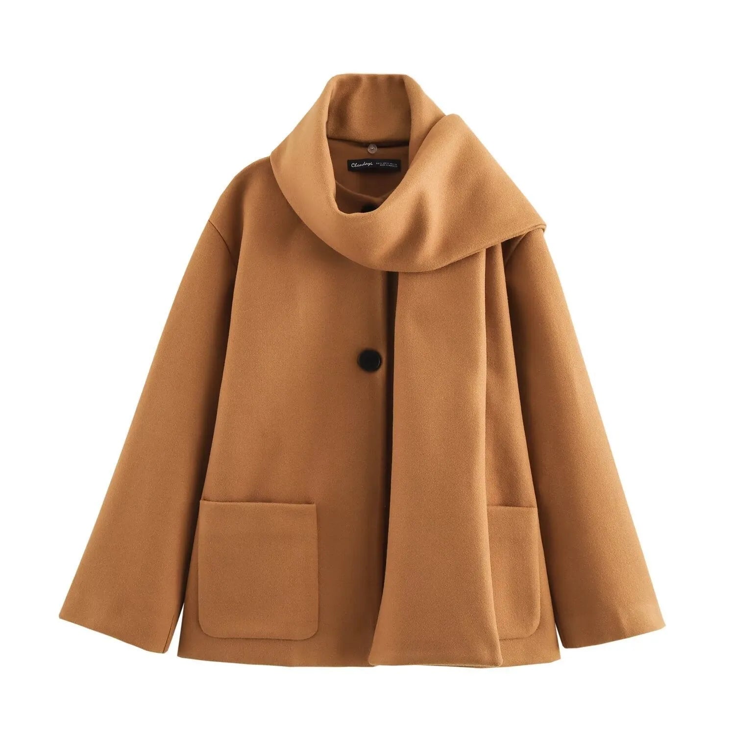 Women's black polyester scarf overcoat with artificial fur collar, lengthened 100cm design, and pockets for street fashion