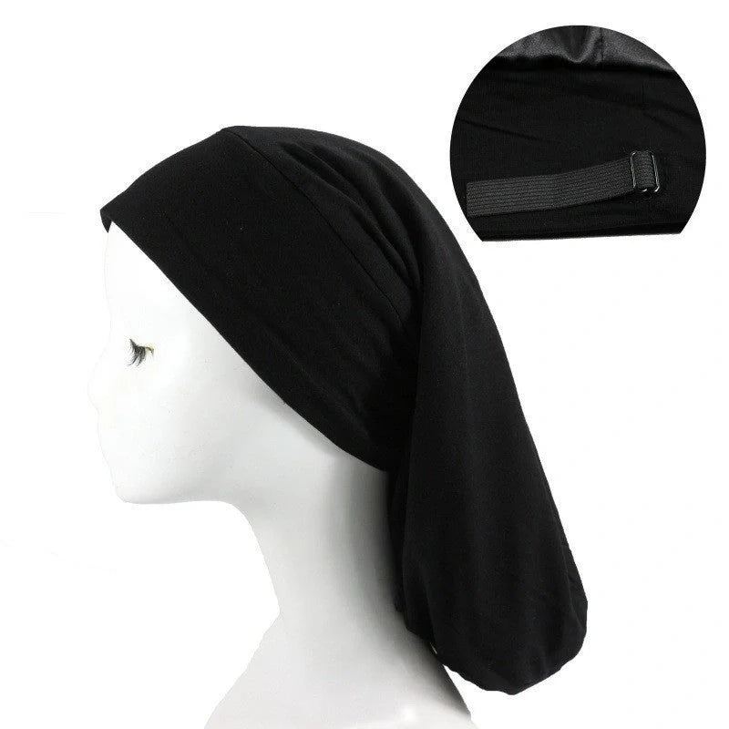 Adjustable satin-lined nightcap in various colors for women's hair care and relaxation