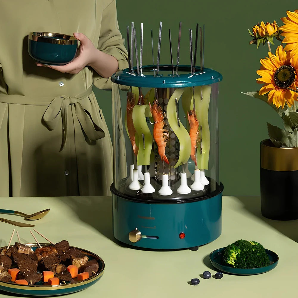 Blue automatic skewers machine with ceramic heating element and built-in oil receiver for smoke-free indoor grilling