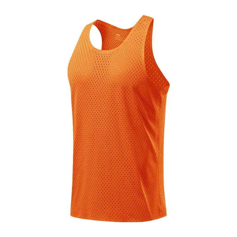 Men's solid colour quick-dry sleeveless sports vest in polyester on a neutral background.