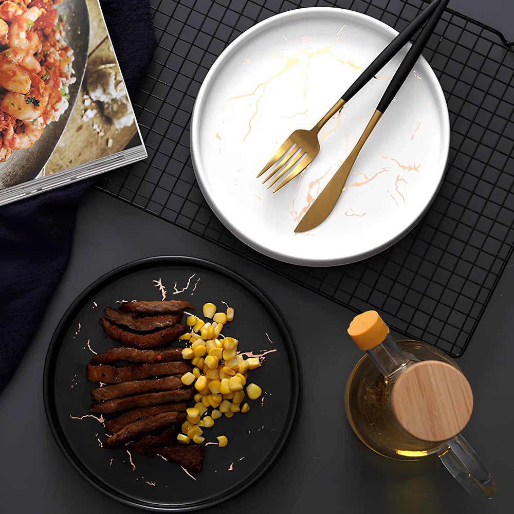 24.7cm Nordic style porcelain plate in white marble pattern, underglaze finish for durable household use