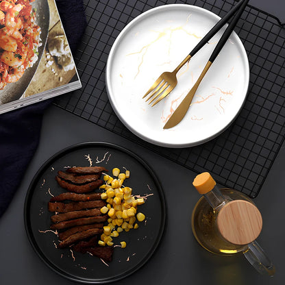 24.7cm Nordic style porcelain plate in white marble pattern, underglaze finish for durable household use