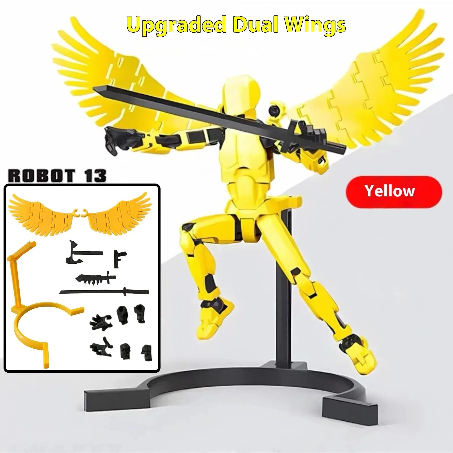 Highly posable 3D printed robot mannequin toy with interchangeable accessories, including wings and weapons