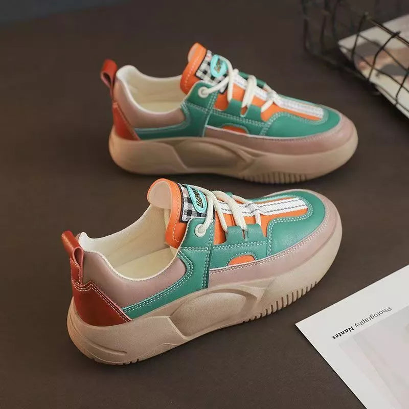 Women's thick-soled sneakers with leather stitching detail in beige and green