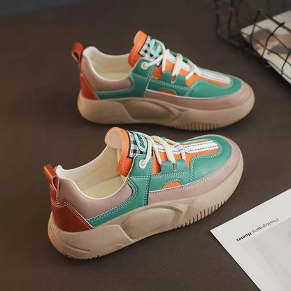 Women's thick-soled sneakers with leather stitching detail in beige and green