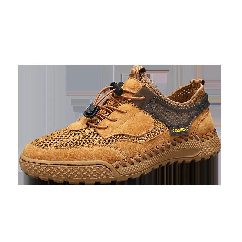 Men's brown suede casual tennis shoes with elastic band closure and hand-stitched rubber sole.