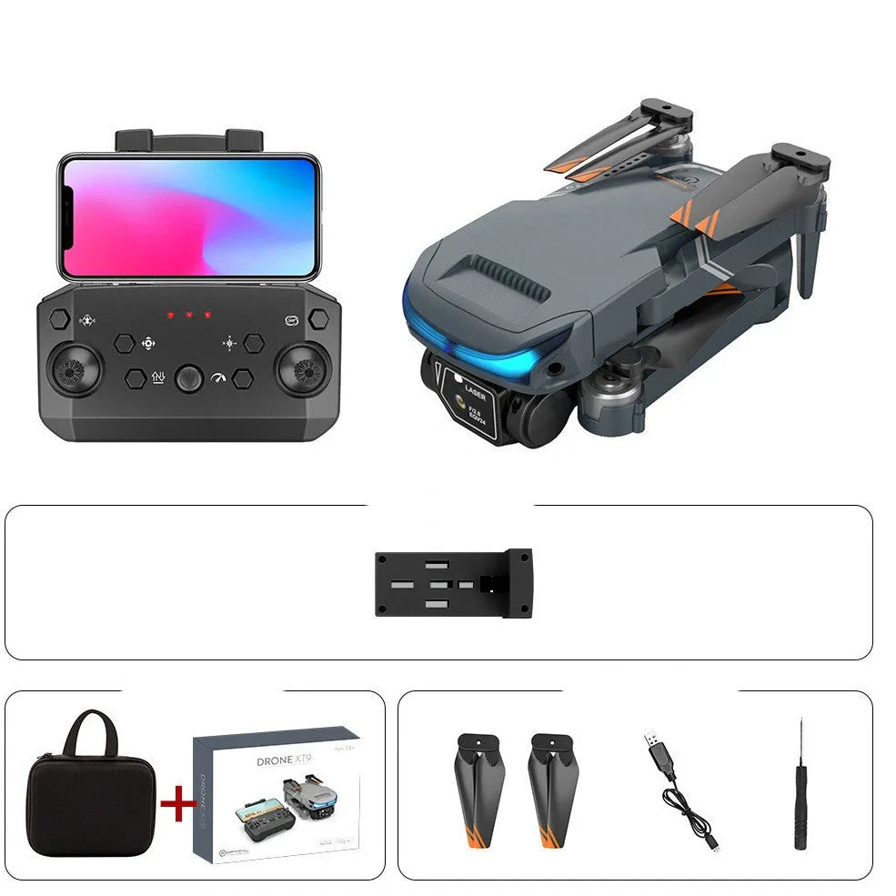 Black foldable drone with dual 4K cameras, unfolded to 18cm with protective covers installed