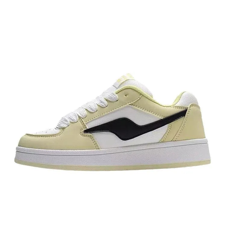 Women's low top board shoes in solid pink, white yellow, white black, or white red with mid heel and rubber sole