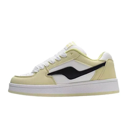 Women's low top board shoes in solid pink, white yellow, white black, or white red with mid heel and rubber sole