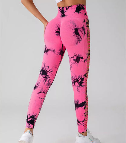 High waist butt lift seamless yoga pants with hollow tie dye print for women