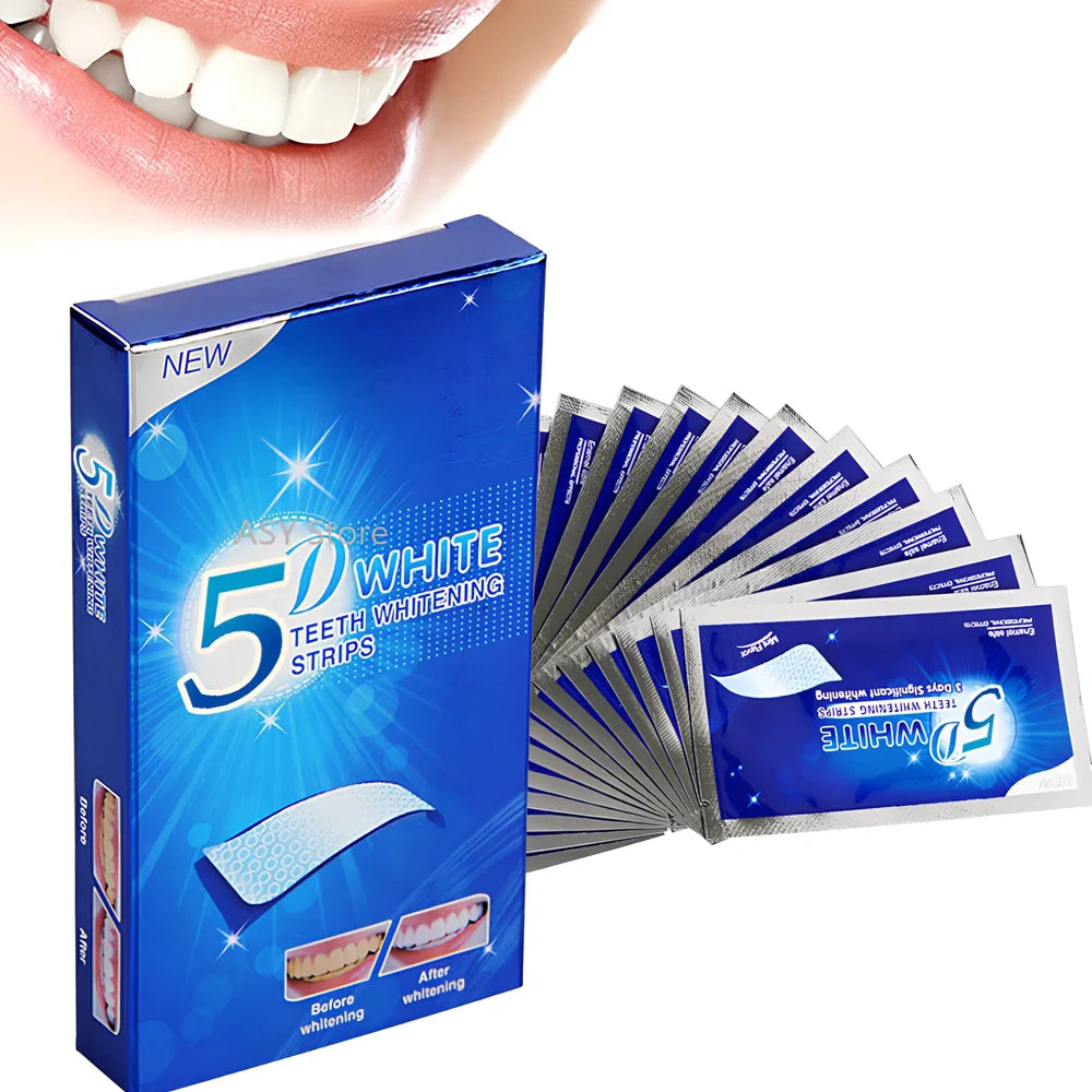 5D Gel Teeth Whitening Strips package showing flexible strips that mould to teeth with no-slip grip