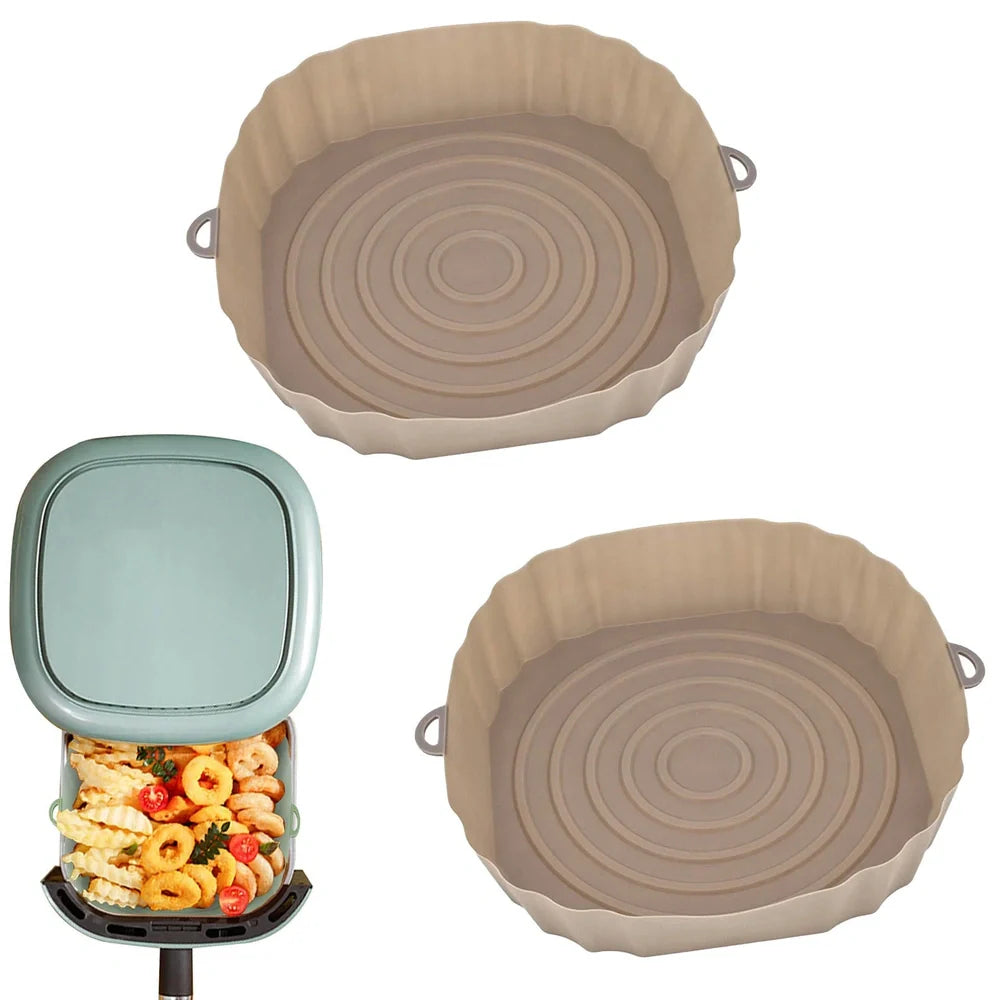 Silicone air fryer basket liner in light grey colour showing 4.5cm depth and flexible design for round air fryers