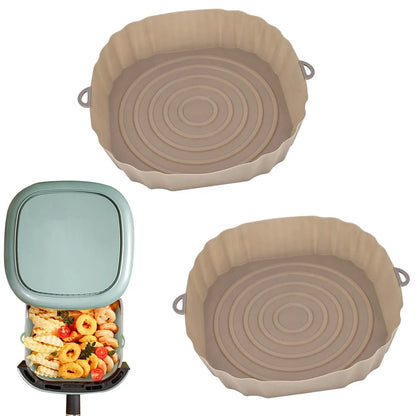 Silicone air fryer basket liner in light grey colour showing 4.5cm depth and flexible design for round air fryers
