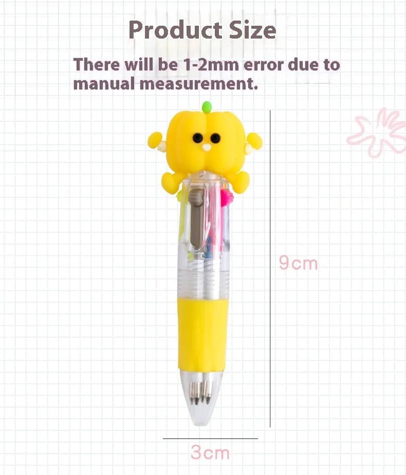 Cartoon-themed four-colour press ballpoint pen with 0.7mm tip showing random design selection