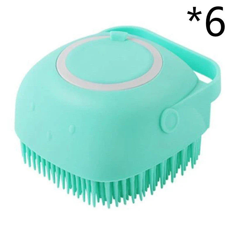 Silicone pet bath brush with shampoo dispenser, designed for gentle grooming and soothing massage