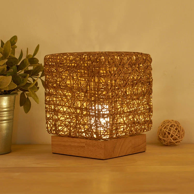 Elegant bamboo rattan desk lamp with dimmable LED lighting and USB charging capabilities