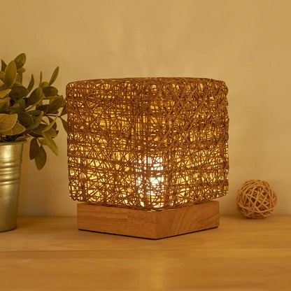 Elegant bamboo rattan desk lamp with dimmable LED lighting and USB charging capabilities