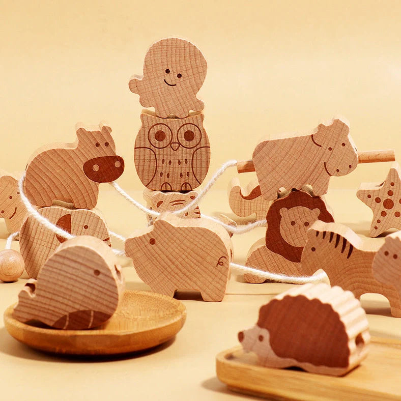 Beech wood animal string beads children's toy measuring 29.5x22x5.5cm with building blocks and rope