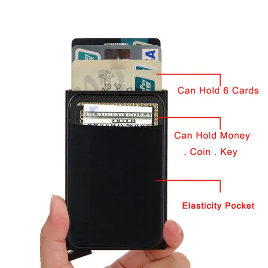 Aluminium alloy credit card holder with frosted finish measuring 9.5x6x1.0cm, showing RFID protection for 4-6 cards