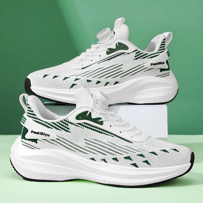 Men's white green and grey rotating buckle Fly-kit mesh casual sports running shoes on a flat sole.