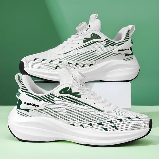 Men's white green and grey rotating buckle Fly-kit mesh casual sports running shoes on a flat sole.