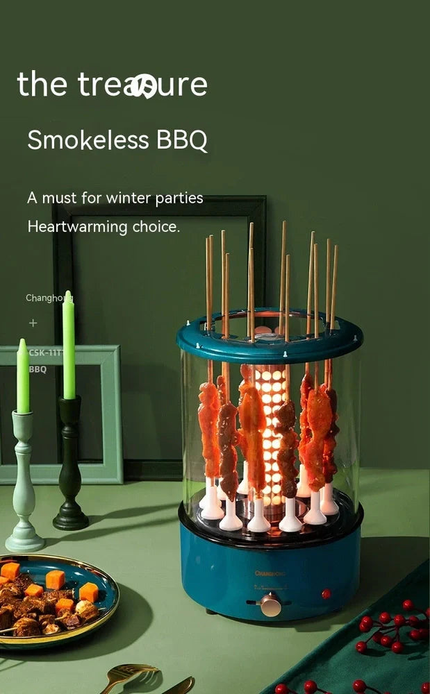 Blue automatic skewers machine with ceramic heating element and built-in oil receiver for smoke-free indoor grilling