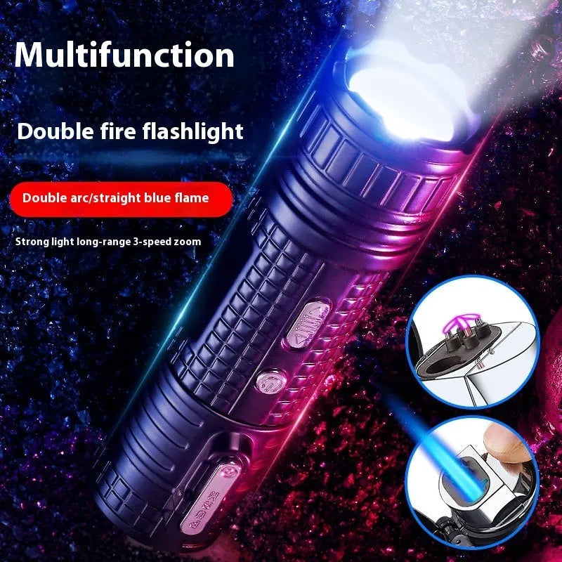 TH727 metal waterproof flashlight lighter in camouflage colour showing plasma arc and torch beam