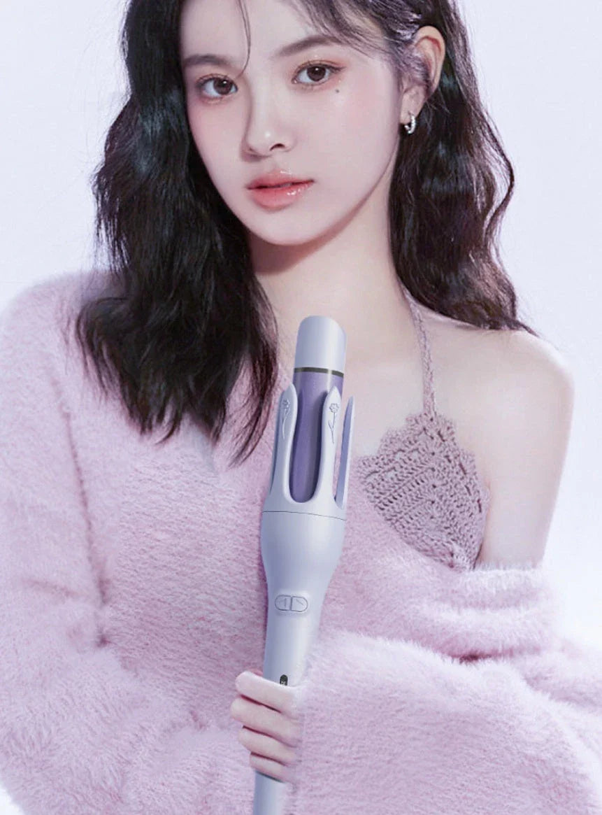 Automatic dual-function hair curler and straightener with left and right rotating barrels, adjustable temperature settings, and safety features for salon-quality styles at home