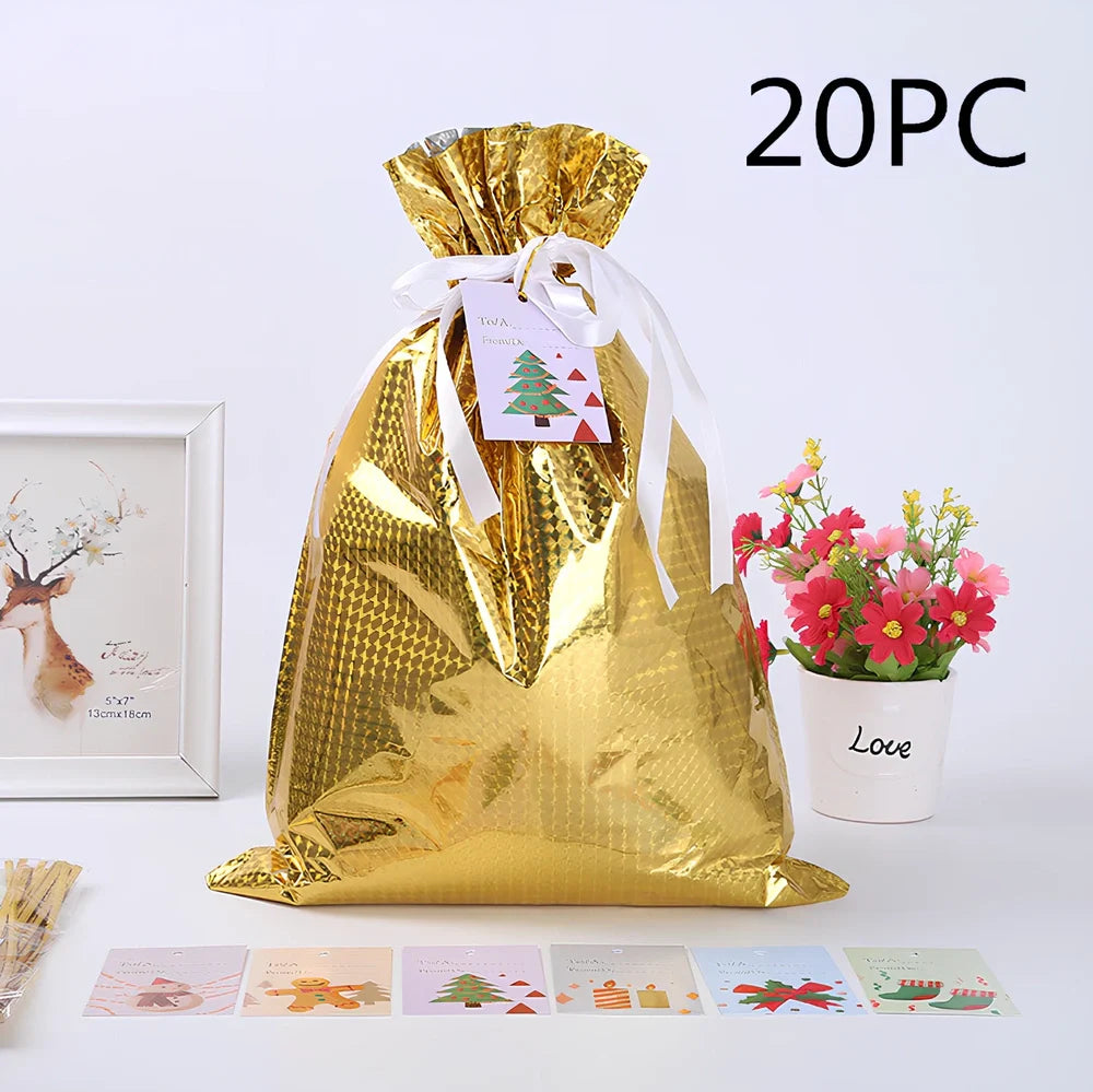 Christmas gift bag with drawstring closure in laser gold finish, 32x24cm dimensions