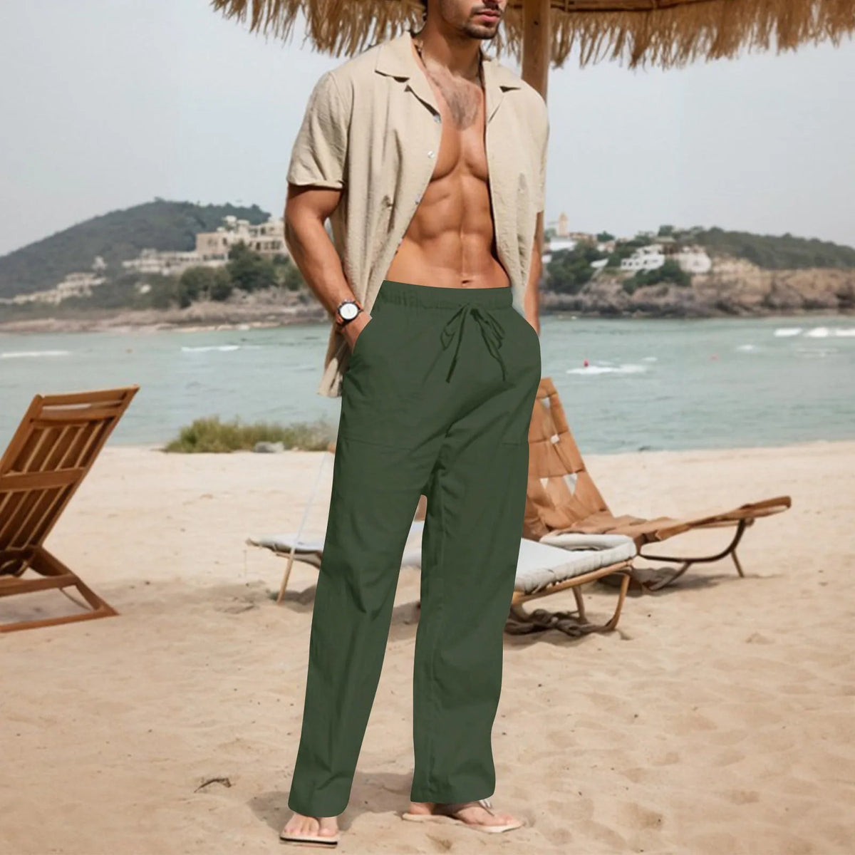 Men's straight leg cotton linen beach trousers with drawstring elastic waist