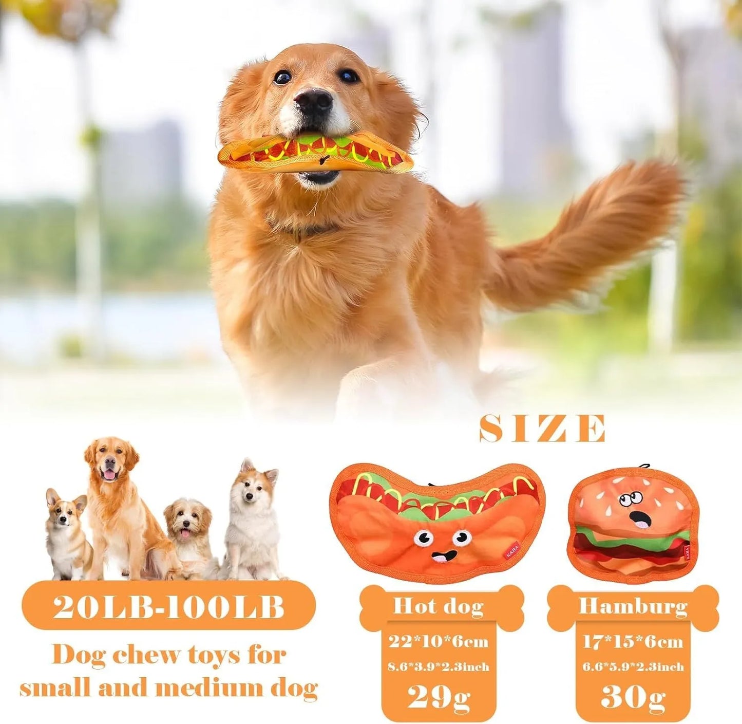 Food-themed crinkle and squeak dog toy in hamburger design for interactive play