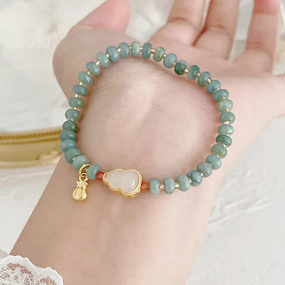 Blue Hetian jade gourd peace buckle bracelet with strawberry quartz beads and adjustable length