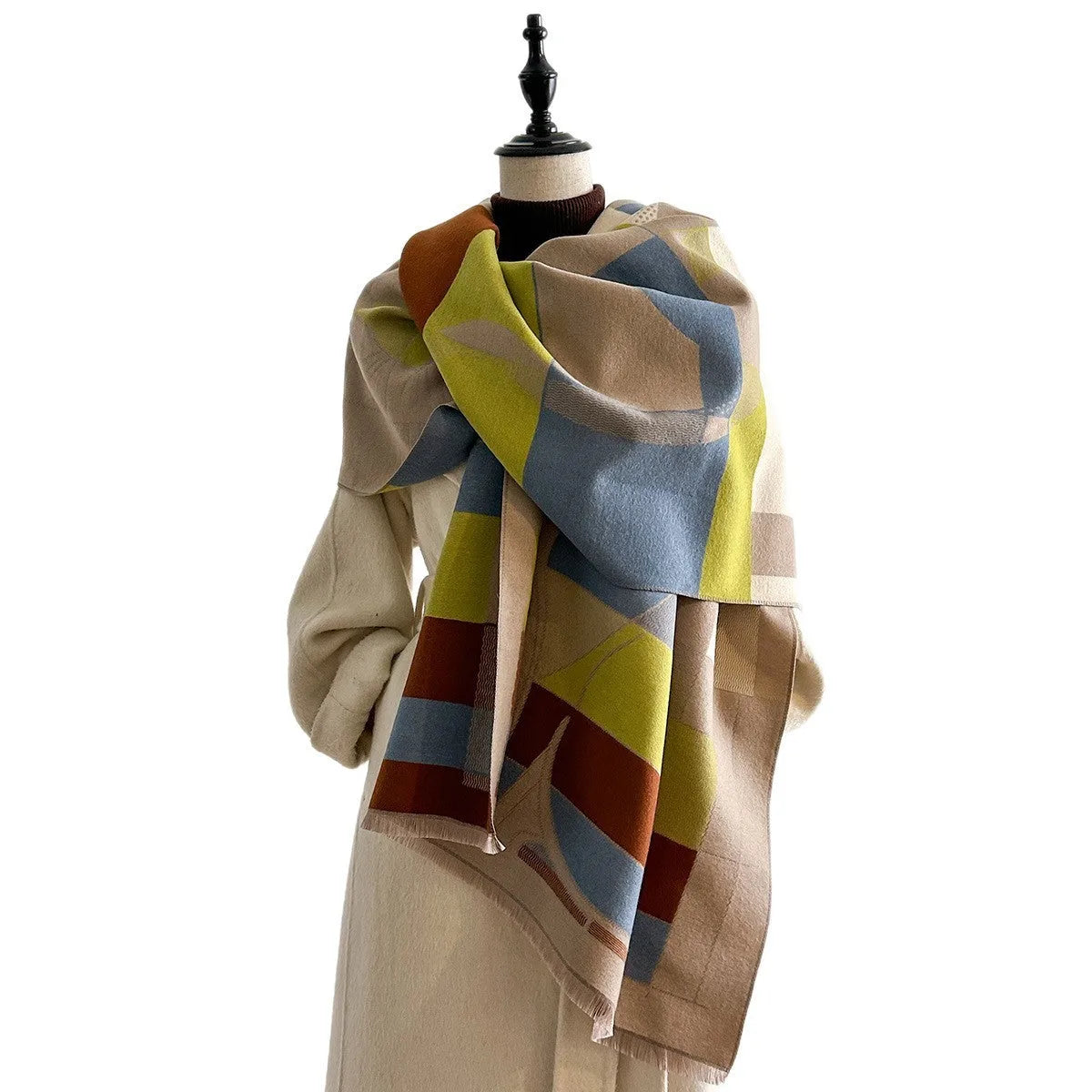 Imitation cashmere scarf in European American style showing 185x65cm dimensions and available colour options