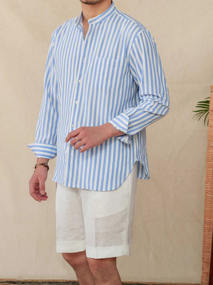 Blue and white seersucker stripe long sleeve shirt with a loose lapel baseball collar